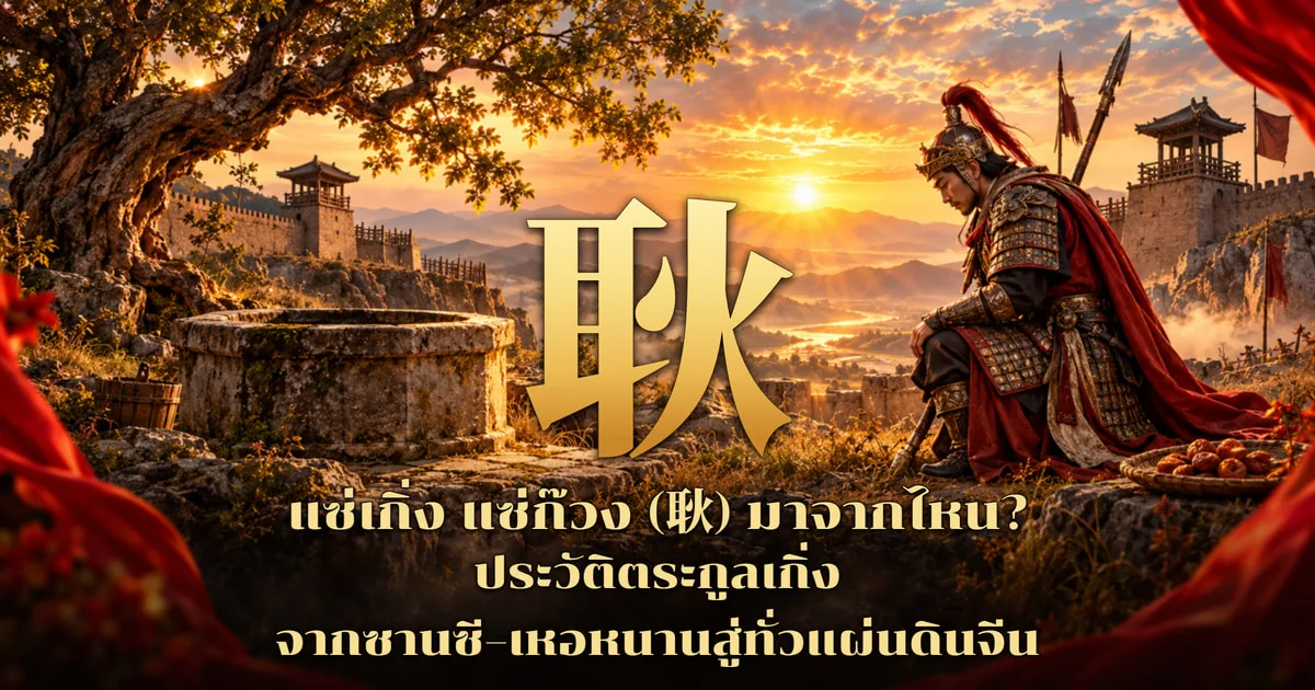 ภาพปกอักษร 耿 สีทองตัวใหญ่ ข้างซ้ายเป็นบ่อน้ำหินเก่าใต้ต้นไม้ใหญ่กับถังไม้ ข้างขวาเป็นแม่ทัพจีนในชุดเกราะผ้าคลุมแดงหมวกพู่แดงคุกเข่าอยู่ มีกระจาดพลับ กำแพงเมืองและหอรบติดธงแดง ฉากภูเขายามพระอาทิตย์ตก พร้อมข้อความ แซ่เกิ่ง แซ่ก๊วง (耿) มาจากไหน? ประวัติตระกูลเกิ่ง จากซานซี–เหอหนานสู่ทั่วแผ่นดินจีน