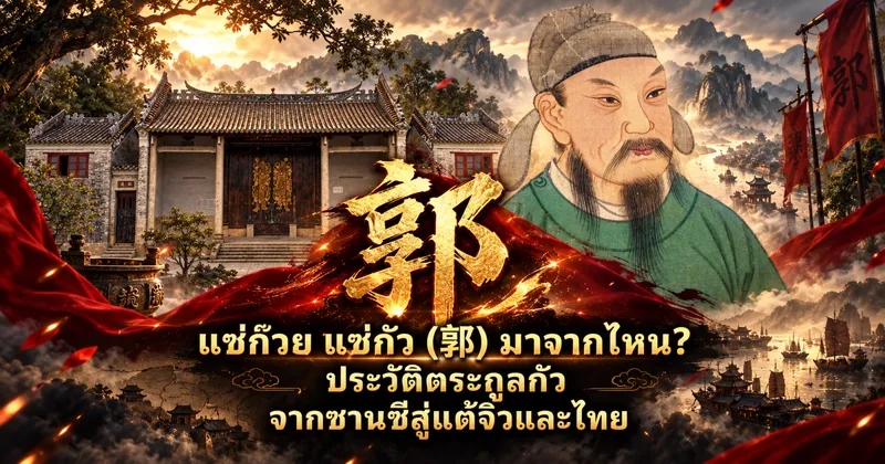 ภาพปกแซ่ก๊วย แซ่กัว อักษร 郭 สีทองขนาดใหญ่บนแถบพู่กันสีแดง ด้านซ้ายเป็นศาลบรรพชนจีนประตูไม้สีเข้ม ด้านขวาเป็นภาพเหมือนกัวจื่ออี๋สวมหมวกสีเทาและเสื้อคลุมสีเขียว มีธงแดงอักษร 郭 ภูเขา และเรือสำเภา พร้อมข้อความ แซ่ก๊วย แซ่กัว (郭) มาจากไหน? ประวัติตระกูลกัว จากซานซีสู่แต้จิ๋วและไทย