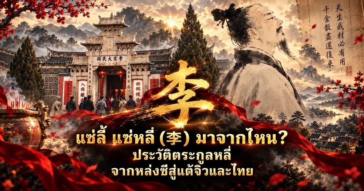 ภาพปกแซ่ลี้ แซ่หลี่ อักษร 李 สีทองกลางภาพ ด้านซ้ายเป็นประตูหินศาลบรรพชนตระกูลหลี่ ด้านขวาเป็นภาพหมึกกวีหลี่ไป๋ มีริบบิ้นแดงและกิ่งดอกไม้สีแดง พร้อมข้อความ แซ่ลี้ แซ่หลี่ (李) มาจากไหน