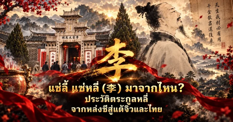 ภาพปกแซ่ลี้ แซ่หลี่ อักษร 李 สีทองกลางภาพ ด้านซ้ายเป็นประตูหินศาลบรรพชนตระกูลหลี่ ด้านขวาเป็นภาพหมึกกวีหลี่ไป๋ มีริบบิ้นแดงและกิ่งดอกไม้สีแดง พร้อมข้อความ แซ่ลี้ แซ่หลี่ (李) มาจากไหน