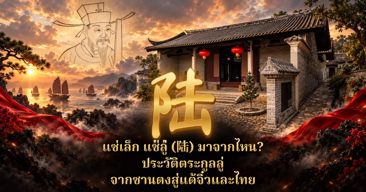 ภาพปกแซ่เล็ก แซ่ลู่ (陆): อักษร 陆 สีทองกลางภาพ ใต้อักษรเป็นชื่อบทความภาษาไทยสามบรรทัด ด้านหลังเป็นหอบรรพชนจีนแขวนโคมแดง เรือสำเภาในทะเลยามอาทิตย์ตก และภาพลายเส้นขุนนางจีนโบราณมุมซ้ายบน