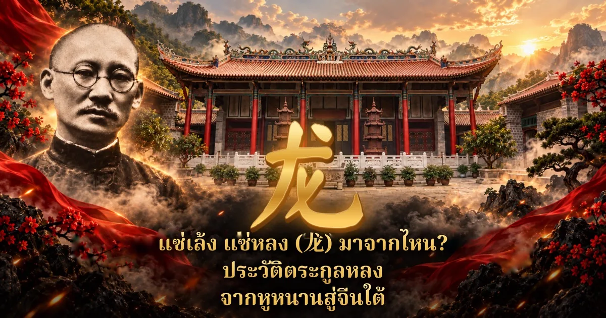 ภาพปกแซ่เล้ง แซ่หลง: อักษรทอง 龙 กลางภาพ ด้านหลังเป็นภาพวาดศาลบรรพชนหลังคากระเบื้องแดงท่ามกลางภูเขาและแสงอาทิตย์ตก ด้านซ้ายเป็นภาพหลงอวิ๋น (龙云) ชายสวมแว่นกลมที่ทำจากภาพถ่ายเก่า พร้อมข้อความ แซ่เล้ง แซ่หลง (龙) มาจากไหน? ประวัติตระกูลหลง จากหูหนานสู่จีนใต้