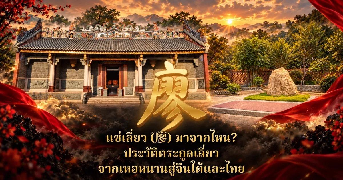 ภาพปกแซ่เลี่ยว (廖) อักษร 廖 สีทองขนาดใหญ่กลางภาพ ด้านหลังเป็นหอบรรพชนจีนหลังคากระเบื้องประดับปูนปั้นมังกร ลานหน้าหอมีก้อนหินใหญ่และสนามหญ้า แสงอาทิตย์ตกหลังภูเขาและต้นไม้ ขอบภาพมีผ้าแดงและดอกไม้สีแดง พร้อมข้อความ แซ่เลี่ยว (廖) มาจากไหน? ประวัติตระกูลเลี่ยว จากเหอหนานสู่จีนใต้และไทย