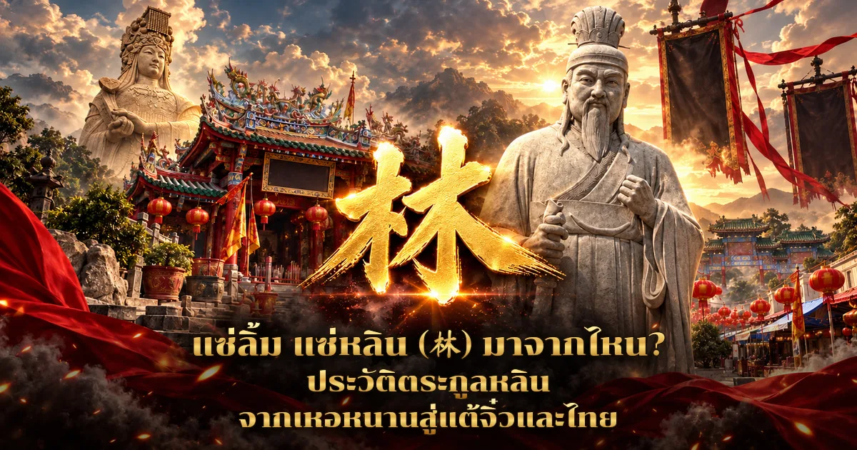 ภาพปกอักษร 林 สีทองกลางภาพ ด้านขวาเป็นรูปสลักหินขุนนางจีนมีเครา ด้านซ้ายเป็นรูปสลักเทพีขนาดใหญ่และศาลเจ้าจีนที่มีป้ายศาลม่าจ้อ มีธงและโคมแดง พร้อมข้อความแซ่ลิ้ม แซ่หลิน (林) มาจากไหน