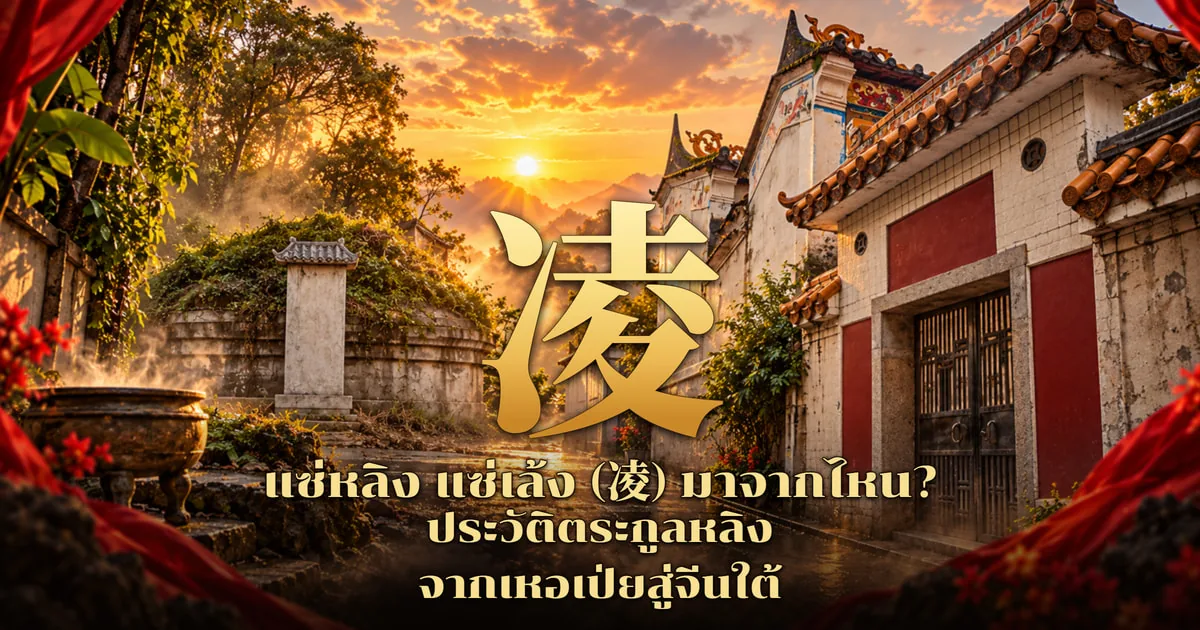 ภาพปกอักษร 凌 สีทองตัวใหญ่ ด้านซ้ายเป็นเนินหลุมทรงกลมก่อหินมีศิลาจารึกและกระถางธูปสำริดมีควัน ด้านขวาเป็นศาลบรรพชนผนังขาวประตูไม้ระแนงขอบแดงหลังคากระเบื้องส้ม ฉากพระอาทิตย์ตกหลังภูเขา พร้อมข้อความ แซ่หลิง แซ่เล้ง (凌) มาจากไหน? ประวัติตระกูลหลิง จากเหอเป่ยสู่จีนใต้