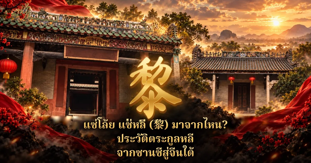 ภาพปกแซ่โล้ย แซ่หลี: อักษรพู่กัน 黎 สีทองกลางภาพ ฉากหลังเป็นศาลบรรพชนจีนสองหลังในแสงอาทิตย์ตก มีข้อความไทย แซ่โล้ย แซ่หลี (黎) มาจากไหน? ประวัติตระกูลหลี จากซานซีสู่จีนใต้