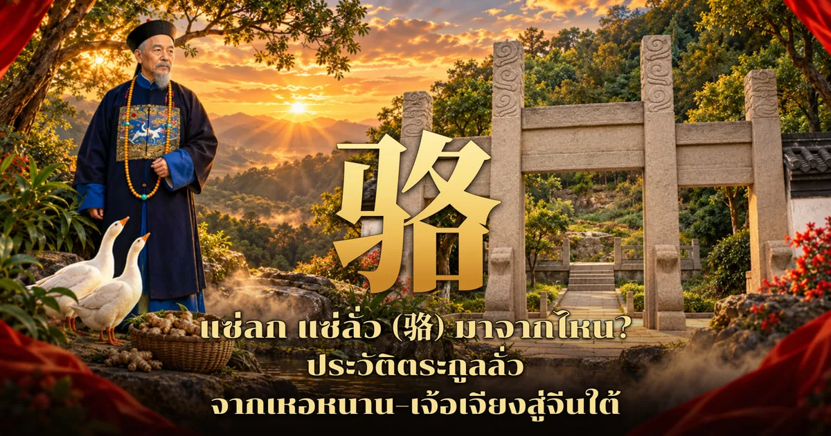 ภาพปกอักษร 骆 สีทองตัวใหญ่กลางภาพ ด้านซ้ายเป็นขุนนางจีนสมัยชิงสวมหมวกกลมสีดำ เสื้อคลุมน้ำเงินเข้มมีแผ่นปักนกกระเรียน คล้องลูกประคำสีอำพัน ข้างตัวมีห่านขาวสองตัวและตะกร้าขิง ด้านขวาเป็นซุ้มประตูหินแกรนิตสี่เสามีทางเดินหินขึ้นบันได ฉากหลังภูเขายามพระอาทิตย์ตก พร้อมข้อความ แซ่ลก แซ่ลั่ว (骆) มาจากไหน? ประวัติตระกูลลั่ว จากเหอหนาน–เจ้อเจียงสู่จีนใต้
