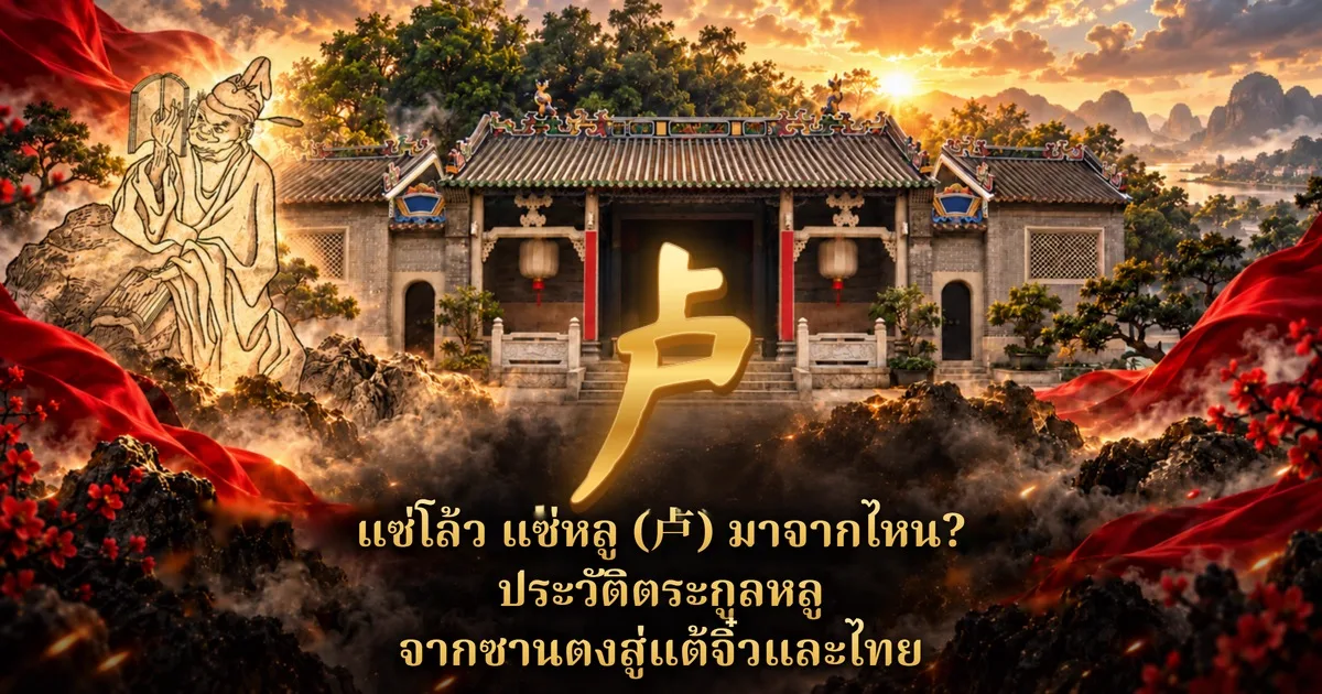ศาลบรรพชนจีนหลังคากระเบื้องยามอาทิตย์ตก อักษร 卢 สีทองตรงกลาง ภาพลายเส้นบัณฑิตจีนถือตำราทางซ้าย และข้อความ แซ่โล้ว แซ่หลู (卢) มาจากไหน? ประวัติตระกูลหลู จากซานตงสู่แต้จิ๋วและไทย