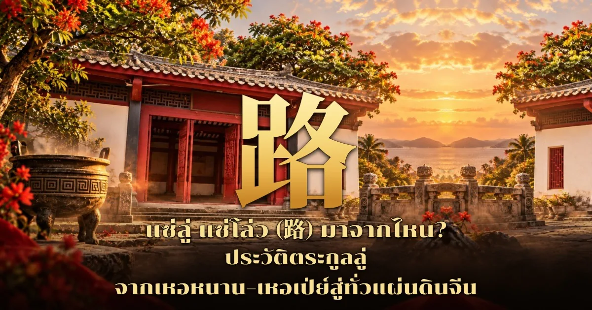 ภาพปกอักษร 路 สีทองตัวใหญ่กลางภาพ ด้านซ้ายเป็นศาลจีนผนังขาว เสาและประตูสีแดง หลังคากระเบื้อง มีกระถางธูปสำริดและกิ่งต้นไม้ดอกสีแดง ด้านขวาเป็นราวหินมองออกไปเห็นทะเล ภูเขา และต้นปาล์มยามพระอาทิตย์ตก พร้อมข้อความ แซ่ลู่ แซ่โล่ว (路) มาจากไหน? ประวัติตระกูลลู่ จากเหอหนาน–เหอเป่ย์สู่ทั่วแผ่นดินจีน