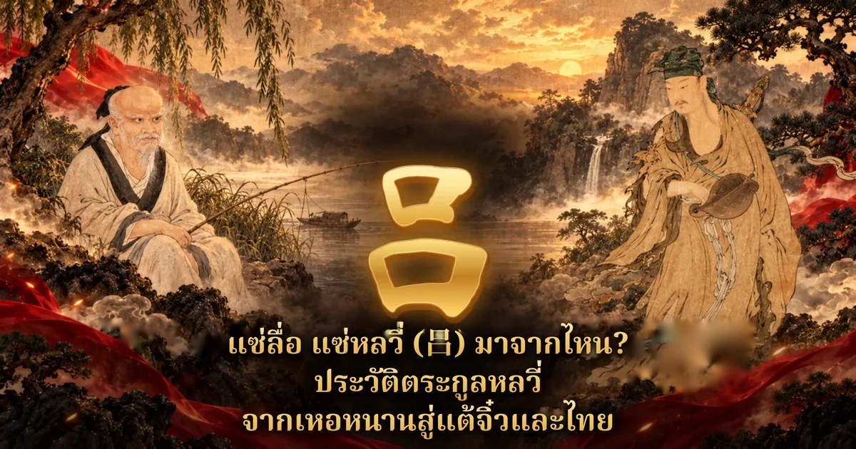 ภาพวาดจีนโทนทองน้ำตาล ทางซ้ายชายชราผมขาวนั่งตกปลาริมแม่น้ำ ทางขวาชายโพกผ้าเขียว สวมเสื้อคลุมสีเหลือง มีกระบี่ที่หลังและถือพัด ตรงกลางมีอักษร 吕 สีทองขนาดใหญ่ ด้านล่างมีข้อความ แซ่ลื่อ แซ่หลวี่ (吕) มาจากไหน? ประวัติตระกูลหลวี่ จากเหอหนานสู่แต้จิ๋วและไทย