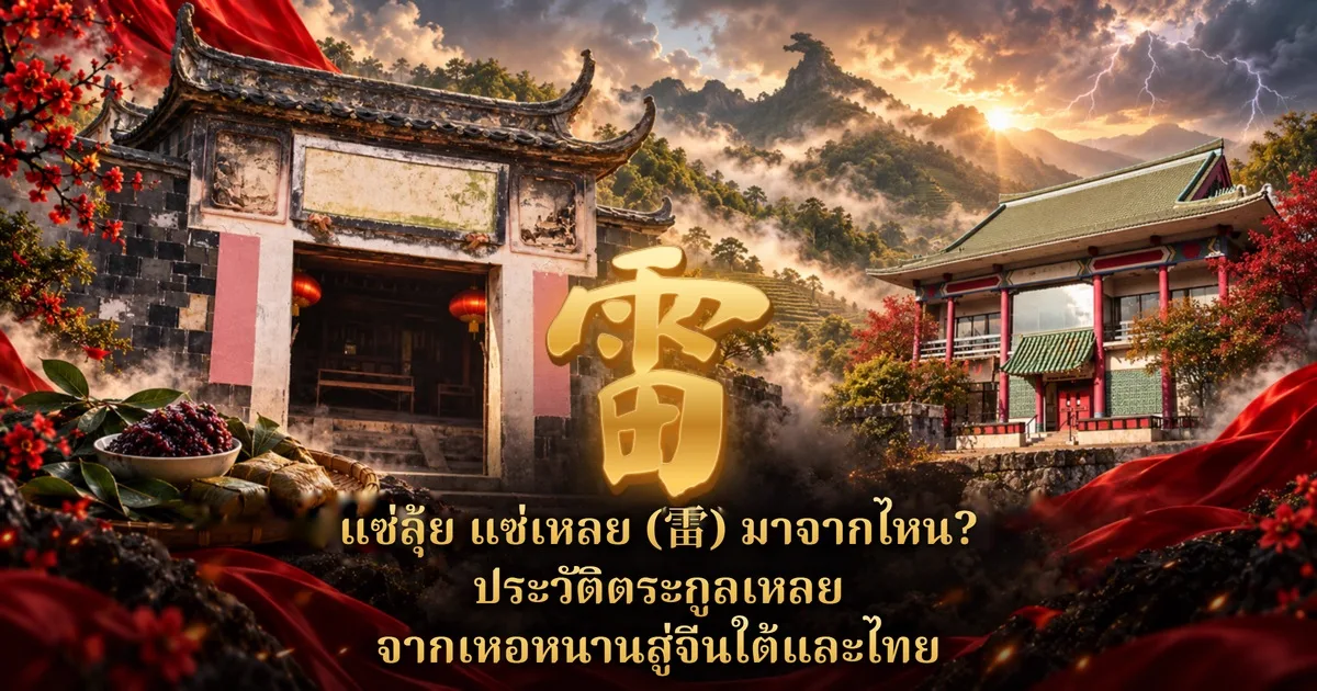 ภาพปกแซ่ลุ้ย แซ่เหลย: อักษร 雷 สีทองตรงกลาง ซ้ายเป็นประตูศาลบรรพชนจีนเก่าผนังหินสีเข้มกับถ้วยข้าวดำบนกระด้ง ขวาเป็นอาคารจีนหลังคากระเบื้องเขียวเสาแดง เบื้องหลังเป็นภูเขาในหมอกและสายฟ้า ด้านล่างมีข้อความ แซ่ลุ้ย แซ่เหลย (雷) มาจากไหน? ประวัติตระกูลเหลย จากเหอหนานสู่จีนใต้และไทย