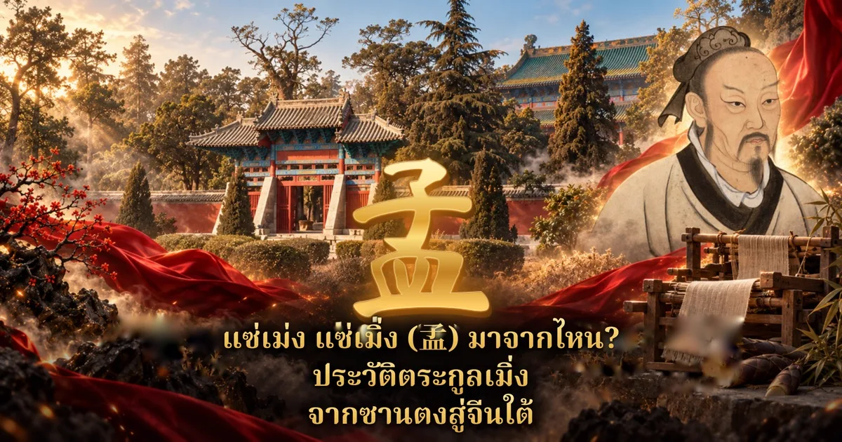 อักษรจีน 孟 สีทองกลางภาพ ด้านหลังเป็นศาลจีนหลังคากระเบื้องสีเขียวท่ามกลางต้นสน ด้านขวามีภาพปราชญ์หนวดเคราสวมชุดสีขาว กี่ทอผ้าและหน่อไม้อยู่มุมขวาล่าง พร้อมข้อความไทย แซ่เม่ง แซ่เมิ่ง (孟) มาจากไหน? ประวัติตระกูลเมิ่ง จากซานตงสู่จีนใต้
