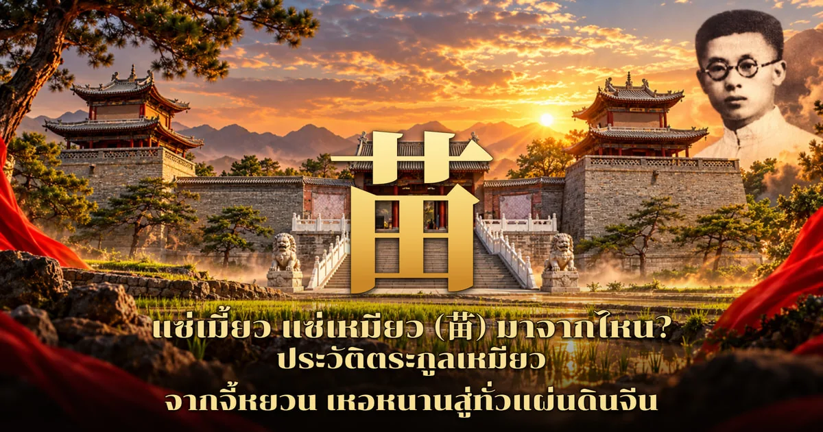 ภาพปกแซ่เมี้ยว แซ่เหมียว อักษร 苗 สีทองขนาดใหญ่หน้าประตูเมืองโบราณที่มีหอสองชั้นสองข้างและสิงโตหินคู่ ยามพระอาทิตย์ตก ด้านหน้าเป็นนาข้าว มุมขวาบนเป็นภาพถ่ายขาวดำชายหนุ่มสวมแว่นกลม พร้อมข้อความ แซ่เมี้ยว แซ่เหมียว (苗) มาจากไหน? ประวัติตระกูลเหมียว จากจี้หยวน เหอหนานสู่ทั่วแผ่นดินจีน