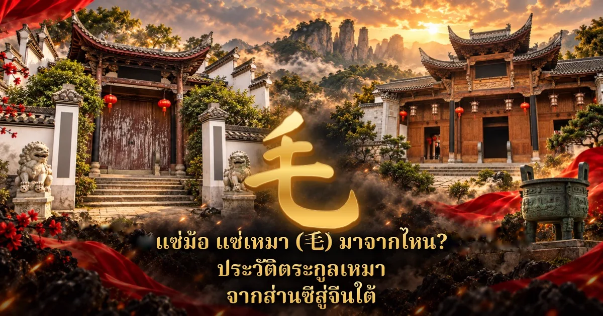 ภาพปกแซ่ม้อ แซ่เหมา 毛 ตัวอักษรจีนสีทองตรงกลาง ล้อมด้วยศาลบรรพชนตระกูลจีนหลังคากระเบื้อง สิงโตหิน โคมแดง ภูเขาหินในหมอก ติ่งสำริดโบราณ และผ้าแดง พร้อมข้อความ แซ่ม้อ แซ่เหมา (毛) มาจากไหน? ประวัติตระกูลเหมา จากส่านซีสู่จีนใต้