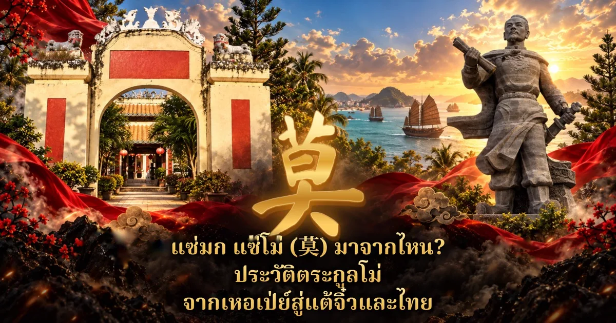 ภาพปกแนวศิลป์แซ่มก แซ่โม่: อักษร 莫 สีทองตรงกลาง ซ้ายเป็นซุ้มประตูศาลเจ้าตระกูลมักที่ฮาเตียน ขวาเป็นอนุสาวรีย์หินโม่จิ่ว ฉากหลังเป็นเรือสำเภาและทะเลยามอาทิตย์ตก พร้อมข้อความ แซ่มก แซ่โม่ (莫) มาจากไหน? ประวัติตระกูลโม่ จากเหอเป่ย์สู่แต้จิ๋วและไทย