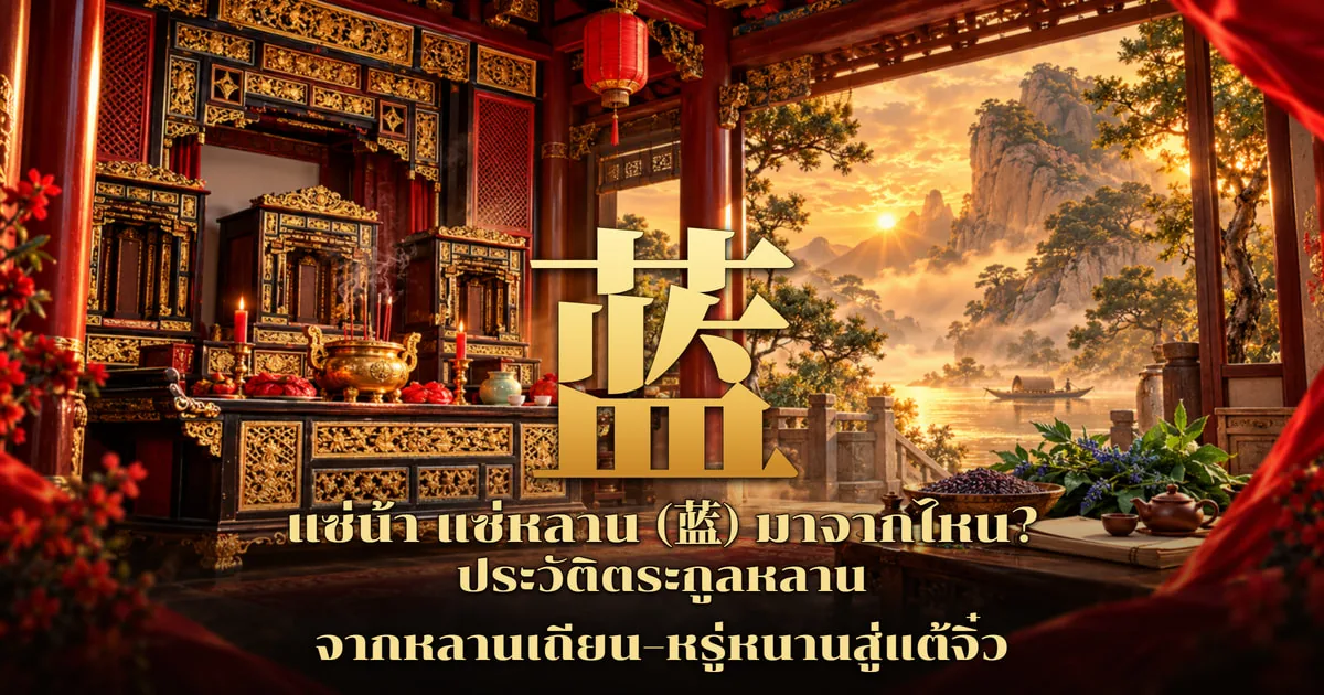 ภาพปกอักษร 蓝 สีทองตัวใหญ่กลางภาพ ด้านซ้ายเป็นแท่นบูชาบรรพชนไม้แกะสลักปิดทองสีแดง มีตู้ป้ายบรรพชน เทียนแดง ธูป และกระถางธูปทองเหลือง โคมแดงแขวนเพดาน ด้านขวามองออกไปเห็นแม่น้ำมีเรือลำเล็กและภูเขาหินยามพระอาทิตย์ตก บนโต๊ะมีชามข้าวสีดำ ใบไม้ดอกสีฟ้า กาน้ำชาและถ้วยชา พร้อมข้อความ แซ่น้า แซ่หลาน (蓝) มาจากไหน? ประวัติตระกูลหลาน จากหลานเถียน–หรู่หนานสู่แต้จิ๋ว