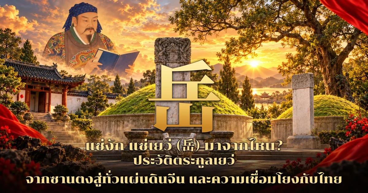 ภาพปกแซ่งัก แซ่เยว่ อักษร 岳 สีทองขนาดใหญ่หน้าเนินสุสานหญ้าเขียวและศิลาจารึก ด้านซ้ายบนเป็นภาพแม่ทัพโพกผ้าสีน้ำเงินนั่งอ่านหนังสือแบบภาพวาดงักฮุย มีอาคารศาลเจ้าและทะเลสาบยามพระอาทิตย์ตก พร้อมข้อความ แซ่งัก แซ่เยว่ (岳) มาจากไหน? ประวัติตระกูลเยว่ จากซานตงสู่ทั่วแผ่นดินจีน และความเชื่อมโยงกับไทย