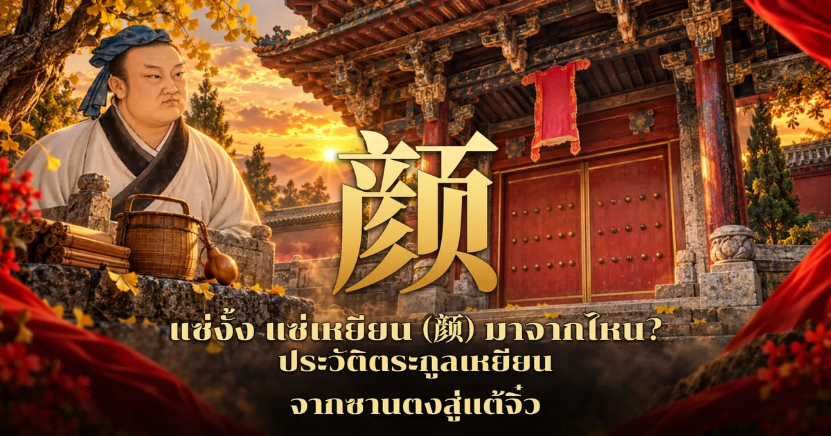 ภาพปกแซ่งั้ง แซ่เหยียน อักษร 颜 สีทองตัวใหญ่กลางภาพ หน้าศาลจีนประตูไม้สีแดงหมุดทอง ด้านซ้ายเป็นบัณฑิตโพกผ้าสีน้ำเงินชุดขาวข้างตะกร้าสาน น้ำเต้า และม้วนไม้ไผ่ ใบแปะก๊วยสีเหลือง ฟ้ายามอาทิตย์ตก พร้อมข้อความหัวเรื่องภาษาไทย
