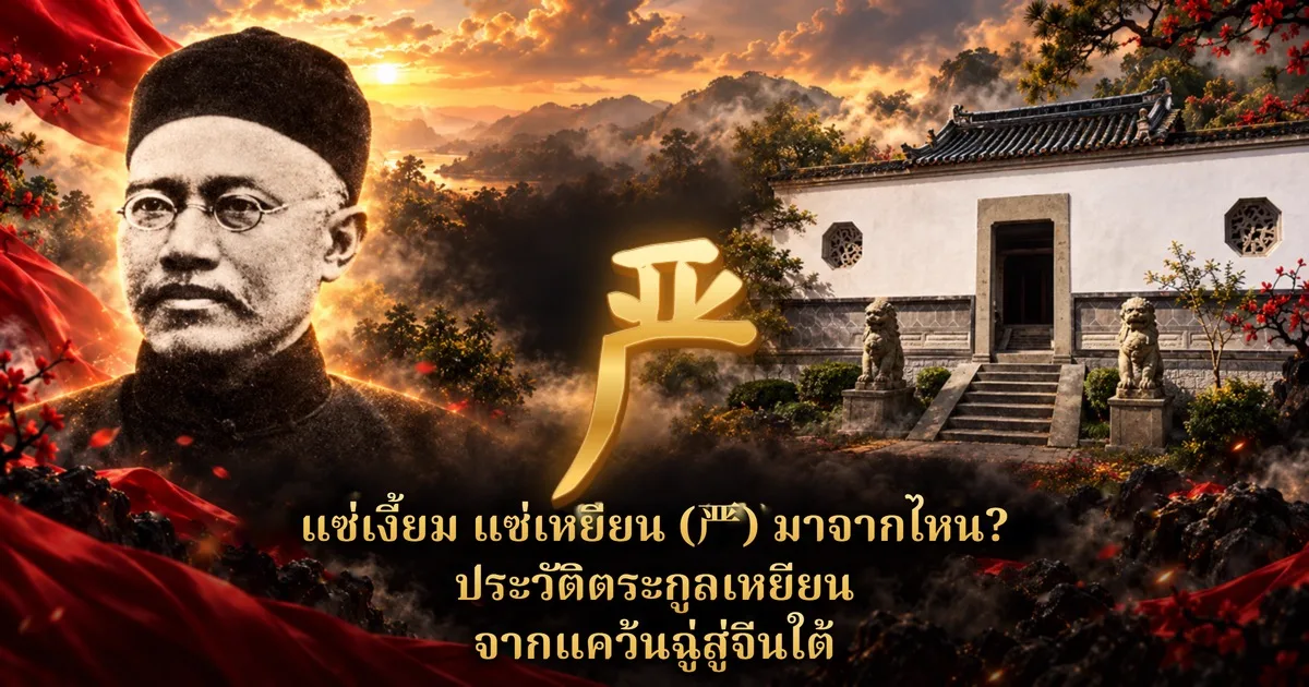 ภาพปกแซ่เงี้ยม แซ่เหยียน: ภาพขาวดำจากภาพถ่ายเหยียนฟู่ (严复) สวมหมวกกลมและแว่นกลมทางซ้าย อักษร 严 สีทองกลางภาพ ศาลเจ้ากำแพงขาวมีสิงโตหินคู่ทางขวา ฉากภูเขาและหมอกยามอาทิตย์ตก พร้อมข้อความ แซ่เงี้ยม แซ่เหยียน (严) มาจากไหน? ประวัติตระกูลเหยียน จากแคว้นฉู่สู่จีนใต้