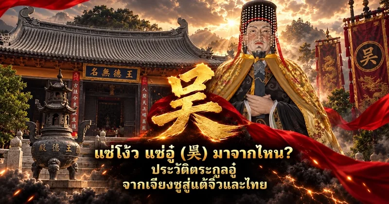 ภาพปกแซ่โง้ว แซ่อู๋ อักษร 吴 สีทองขนาดใหญ่ ข้างรูปเคารพไท่ป๋อสวมมงกุฎห้อยลูกปัดและเสื้อคลุมสีเหลือง หน้าโถงศาลเจ้าจีนที่มีป้ายอักษรทอง กระถางธูปสำริด และธงแดงอักษร 吴 พร้อมข้อความ แซ่โง้ว แซ่อู๋ (吴) มาจากไหน