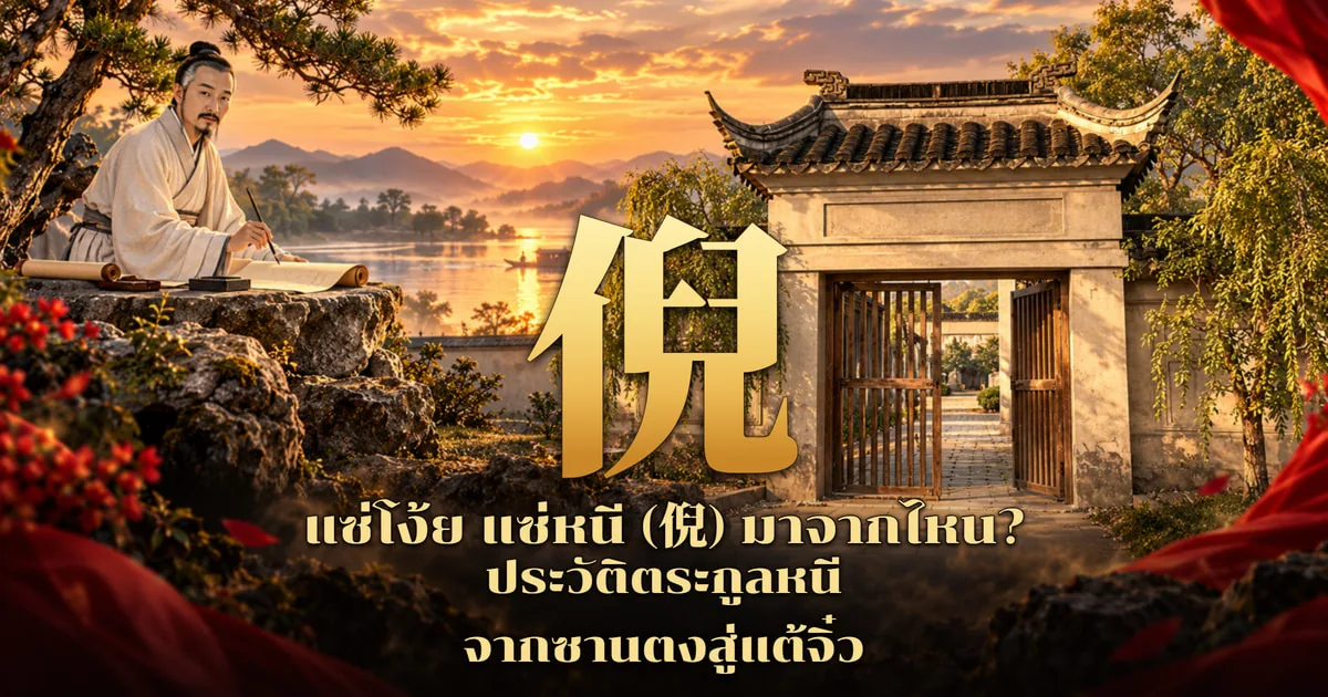 ภาพปกแซ่โง้ย แซ่หนี อักษร 倪 สีทองตัวใหญ่กลางภาพ ข้างซุ้มประตูปูนหลังคากระเบื้องปลายงอนแบบเจียงหนาน ด้านซ้ายเป็นบัณฑิตชุดขาวเกล้ามวยนั่งเขียนพู่กันบนโขดหินริมทะเลสาบ ฟ้ายามอาทิตย์ตก พร้อมข้อความหัวเรื่องภาษาไทย