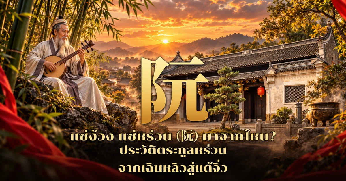 ภาพปกอักษร 阮 สีทองตัวใหญ่ ด้านซ้ายเป็นชายชราเคราขาวยาวนั่งดีดพิณกลมบนโขดหินกลางป่าไผ่ ด้านขวาเป็นศาลบรรพชนหลังคากระเบื้องเทา ผนังปูนขาว มีต้นสนดัดและโคมแดง ฉากหลังเป็นหมู่บ้านและทิวเขายามพระอาทิตย์ตก พร้อมข้อความ แซ่ง้วง แซ่หร่วน (阮) มาจากไหน? ประวัติตระกูลหร่วน จากเฉินหลิวสู่แต้จิ๋ว