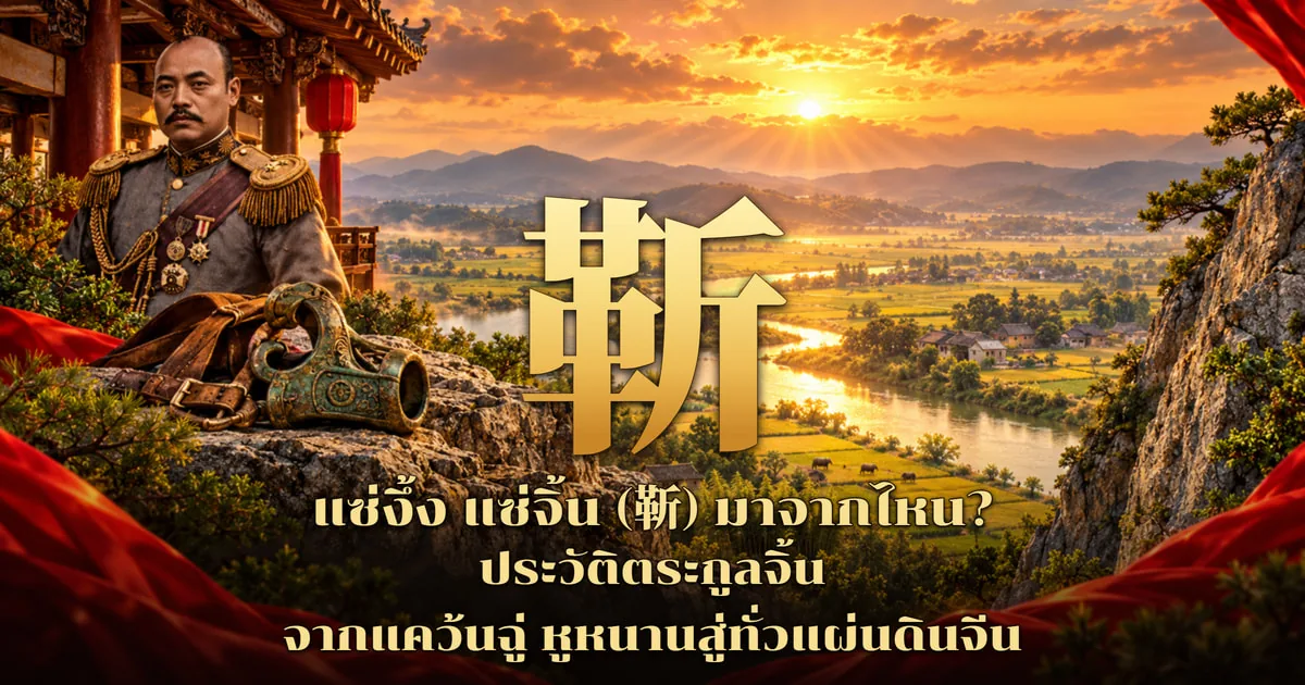 ภาพปกอักษร 靳 สีทองตัวใหญ่ ข้างซ้ายเป็นชายไว้หนวดในเครื่องแบบทหารจีนยุคต้นศตวรรษที่ 20 ประดับอินทรธนูพู่ สายสะพาย และเหรียญตรา ข้างหน้ามีเครื่องเทียมม้าสำริดกับสายหนังวางบนหิน ฉากหลังเป็นแม่น้ำคดเคี้ยวผ่านทุ่งนาและหมู่บ้าน หน้าผาหิน ศาลาจีนแขวนโคมแดง ยามพระอาทิตย์ตก พร้อมข้อความ แซ่งึ้ง แซ่จิ้น (靳) มาจากไหน? ประวัติตระกูลจิ้น จากแคว้นฉู่ หูหนานสู่ทั่วแผ่นดินจีน