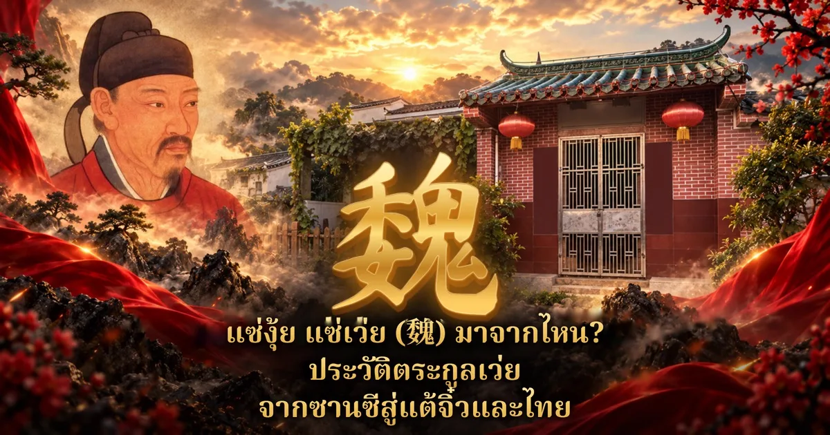 ภาพปกแซ่งุ้ย: อักษร 魏 สีทองตัวใหญ่ตรงกลาง ด้านซ้ายเป็นภาพวาดขุนนางจีนโบราณสวมหมวกดำชุดแดง ด้านขวาเป็นศาลบรรพชนอิฐแดงหลังคากระเบื้องสีเขียวปลายงอน มีโคมแดง ด้านล่างมีข้อความ แซ่งุ้ย แซ่เว่ย (魏) มาจากไหน? ประวัติตระกูลเว่ย จากซานซีสู่แต้จิ๋วและไทย