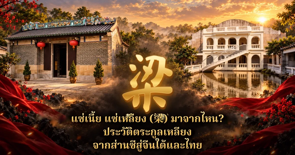 ศาลบรรพชนแบบจีนใต้ผนังอิฐเทาหลังคาเขียวมีโคมแดง และอาคารสีขาวสไตล์ตะวันตกริมสระน้ำยามพระอาทิตย์ตก ตัวอักษรทอง 梁 กลางภาพ พร้อมข้อความ แซ่เนี้ย แซ่เหลียง (梁) มาจากไหน? ประวัติตระกูลเหลียง จากส่านซีสู่จีนใต้และไทย