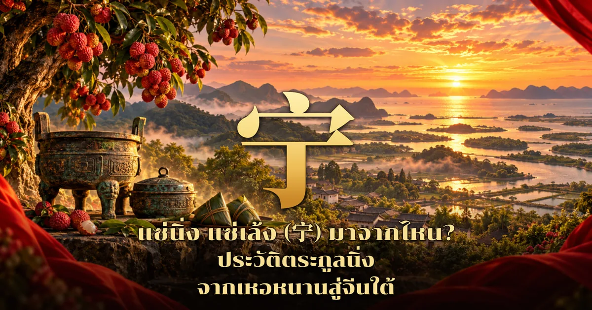 ภาพปกแซ่นิ่ง อักษร 宁 สีทองขนาดใหญ่ เหนือภูมิทัศน์ชายฝั่งและเกาะยามพระอาทิตย์ตก ต้นลิ้นจี่ผลแดง ภาชนะสำริด และบ๊ะจ่าง พร้อมข้อความ แซ่นิ่ง แซ่เล้ง (宁) มาจากไหน? ประวัติตระกูลนิ่ง จากเหอหนานสู่จีนใต้