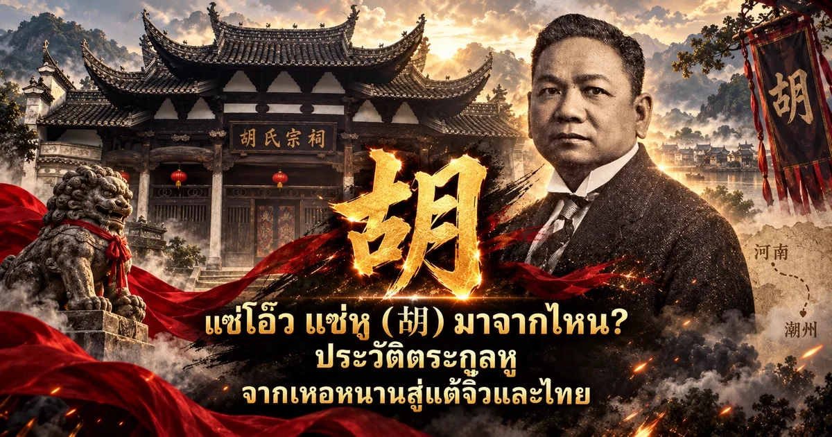 ภาพปกอักษร 胡 สีทองเรืองแสงกลางควันและผ้าแดง ด้านหลังเป็นศาลบรรพชนจีนที่มีป้าย 胡氏宗祠 และสิงโตหินผูกผ้าแดง ด้านขวาเป็นชายสวมสูทในภาพโทนซีเปีย ธงอักษร 胡 และแผนที่โยงจากเหอหนานถึงแต้จิ๋ว พร้อมข้อความแซ่โอ๊ว แซ่หู (胡) มาจากไหน
