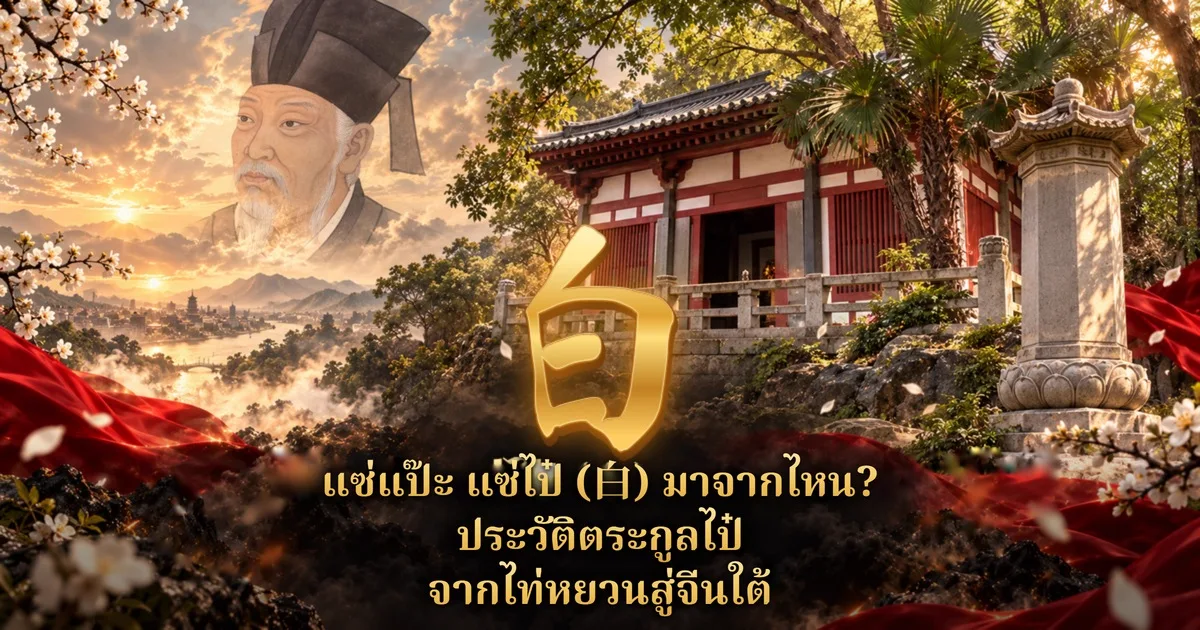 ภาพปกแซ่แป๊ะ แซ่ไป๋ อักษร 白 สีทองกลางภาพ ซ้ายบนเป็นภาพวาดใบหน้าชายชราเคราขาวสวมหมวกดำแบบจีนโบราณกลางเมฆยามอาทิตย์ตก ขวาเป็นอาคารจีนเสาแดงบนเนินเขาและเสาศิลาแปดเหลี่ยม มีดอกไม้ขาวและผ้าแดง พร้อมข้อความ แซ่แป๊ะ แซ่ไป๋ (白) มาจากไหน? ประวัติตระกูลไป๋ จากไท่หยวนสู่จีนใต้