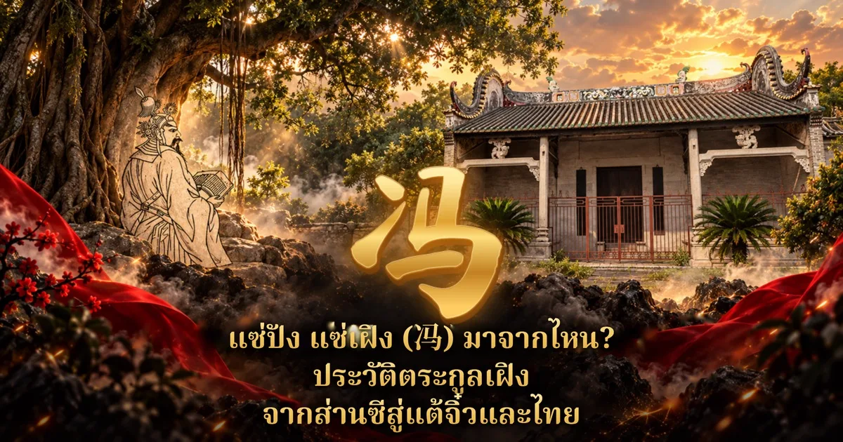 ภาพปกแซ่ปัง แซ่เฝิง: อักษร 冯 สีทองตรงกลาง ข้างซ้ายเป็นภาพลายเส้นแบบภาพพิมพ์แกะไม้ของขุนนางจีนโบราณนั่งถือหนังสือใต้ต้นไม้ใหญ่ ข้างขวาเป็นศาลบรรพชนแบบจีนยามอาทิตย์ตก พร้อมข้อความ แซ่ปัง แซ่เฝิง (冯) มาจากไหน? ประวัติตระกูลเฝิง จากส่านซีสู่แต้จิ๋วและไทย