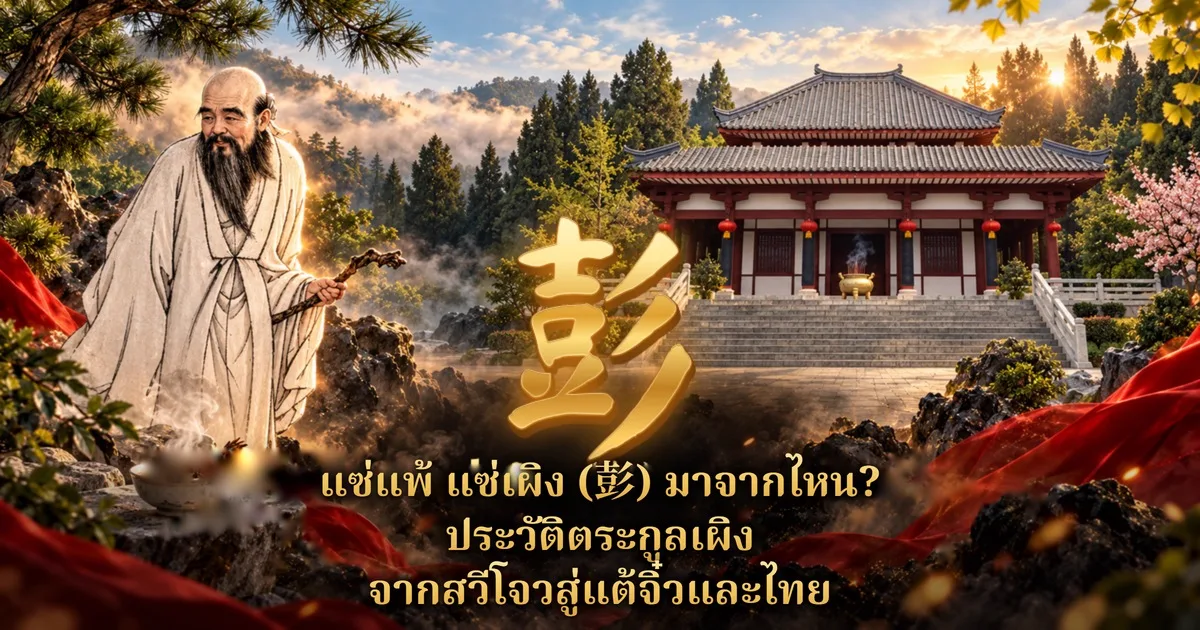 ภาพปกแซ่แพ้ แซ่เผิง: อักษรทอง 彭 ตรงกลาง ด้านซ้ายเป็นภาพวาดชายชราศีรษะล้าน ผมข้างขาว เคราดำยาว ในชุดขาวถือไม้เท้า มีชามแกงควันกรุ่นวางบนหิน ด้านขวาเป็นศาลจีนเสาแดงหลังคากระเบื้องเทาบนขั้นบันได รอบด้วยป่าสนและหมอก พร้อมข้อความ แซ่แพ้ แซ่เผิง (彭) มาจากไหน? ประวัติตระกูลเผิง จากสวีโจวสู่แต้จิ๋วและไทย