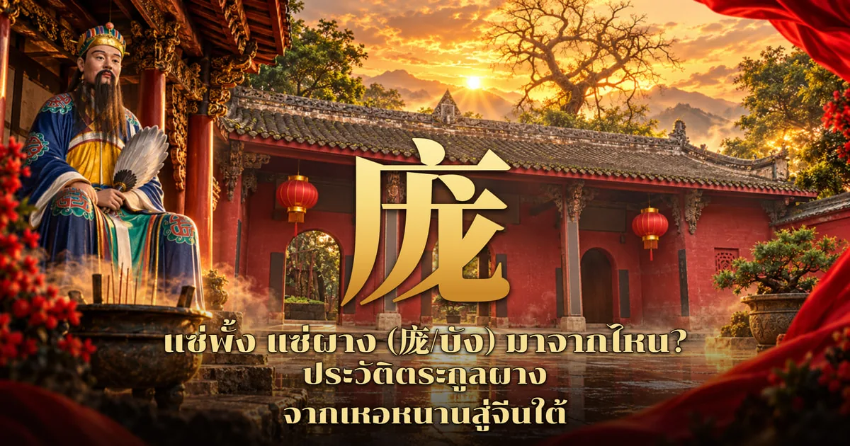 ภาพปกแซ่พั้ง แซ่ผาง อักษร 庞 สีทองตัวใหญ่กลางภาพ หน้าศาลจีนผนังแดงหลังคากระเบื้อง โคมแดงสองดวง ด้านซ้ายเป็นรูปปั้นขุนนางเคราดำถือพัดขนนกกับกระถางธูป ฟ้ายามอาทิตย์ตก พร้อมข้อความหัวเรื่องภาษาไทย