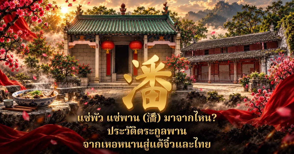 ศาลบรรพชนหลังคากระเบื้องเขียวกับโคมแดงท่ามกลางดอกท้อและผ้าแดง มีตัวอักษรทอง 潘 กลางภาพ ชามปลานึ่งด้านซ้าย และข้อความ แซ่พัว แซ่พาน (潘) มาจากไหน? ประวัติตระกูลพาน จากเหอหนานสู่แต้จิ๋วและไทย
