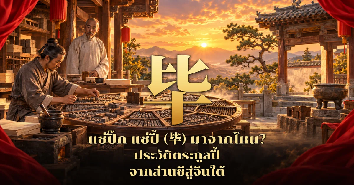 ภาพปกอักษร 毕 สีทองตัวใหญ่ ด้านซ้ายเป็นช่างโบราณนั่งเรียงตัวพิมพ์บนโต๊ะไม้ทรงกลมแบ่งช่อง มีชายสูงวัยชุดขาวยืนดูอยู่ด้านหลัง ด้านขวาเป็นศาลาจีนหลังคากระเบื้อง ต้นสน และกระถางธูปสำริด ฉากพระอาทิตย์ตกหลังภูเขา โคมแดงห้อยจากชายคา พร้อมข้อความ แซ่ปิ๊ก แซ่ปี้ (毕) มาจากไหน? ประวัติตระกูลปี้ จากส่านซีสู่จีนใต้