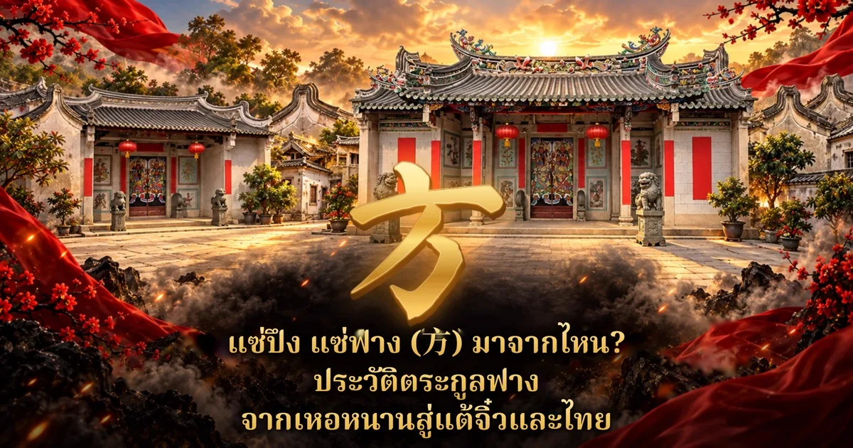ภาพประกอบศาลบรรพชนจีนแบบแต้จิ๋ว หลังคาประดับลวดลายสีสด โคมแดงและสิงโตหินหน้าประตู ยามพระอาทิตย์ตก อักษรจีน 方 สีทองขนาดใหญ่กลางภาพ ผ้าแดงและดอกบ๊วยสองข้าง พร้อมข้อความ แซ่ปึง แซ่ฟาง (方) มาจากไหน? ประวัติตระกูลฟาง จากเหอหนานสู่แต้จิ๋วและไทย