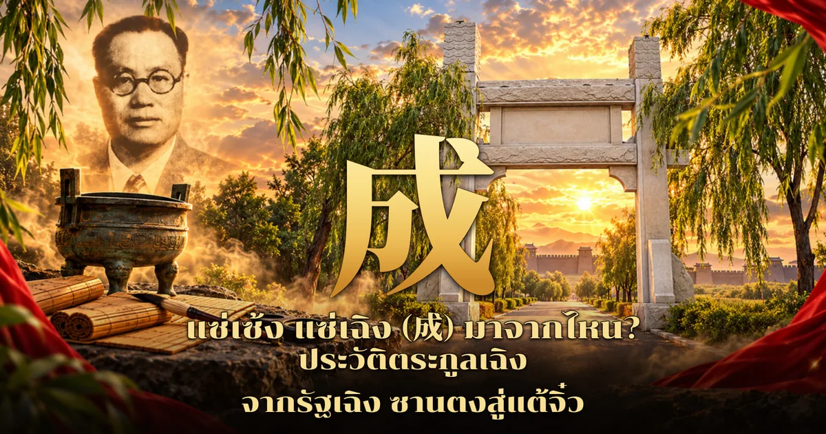 ภาพปกแซ่เซ้ง แซ่เฉิง อักษร 成 สีทองขนาดใหญ่ หน้าซุ้มประตูหินบนถนนที่มีต้นหลิวสองข้าง ด้านซ้ายบนเป็นภาพถ่ายชายสวมแว่นกรอบกลมในชุดสูทโทนซีเปีย มีกระถางสำริดสามขาและม้วนไม้ไผ่ ฉากหลังกำแพงเมืองโบราณยามพระอาทิตย์ตก พร้อมข้อความ แซ่เซ้ง แซ่เฉิง (成) มาจากไหน? ประวัติตระกูลเฉิง จากรัฐเฉิง ซานตงสู่แต้จิ๋ว