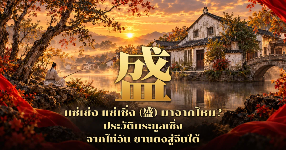 ภาพปกแซ่เซ่ง แซ่เชิ่ง อักษร 盛 สีทองขนาดใหญ่กลางภาพ ข้างซ้ายเป็นชายชุดขาวนั่งตกปลาริมน้ำใต้ต้นไม้ใบแดง ข้างขวาเป็นบ้านจีนผนังปูนขาวและสะพานหินโค้งริมน้ำยามพระอาทิตย์ตก พร้อมข้อความ แซ่เซ่ง แซ่เชิ่ง (盛) มาจากไหน? ประวัติตระกูลเชิ่ง จากไท่อัน ซานตงสู่จีนใต้