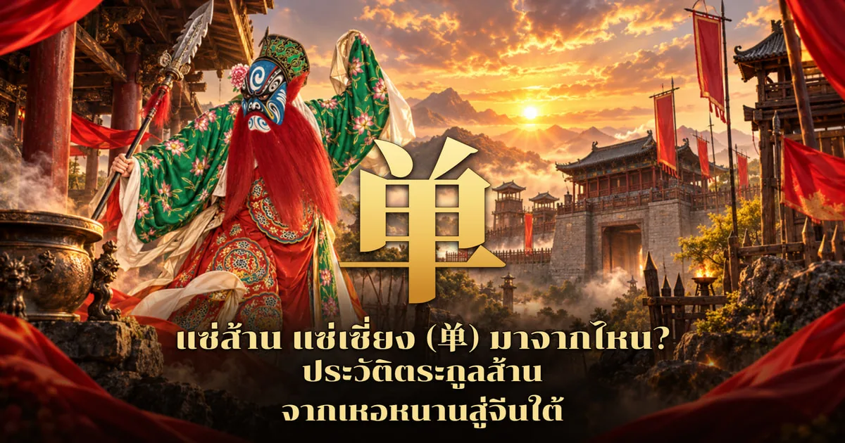 ภาพปกอักษร 单 สีทองตัวใหญ่ ด้านซ้ายเป็นนักแสดงงิ้วหน้าลายสีน้ำเงิน เคราแดงยาว สวมเสื้อคลุมเขียวลายดอกไม้ ถือทวนยกแขนขึ้น ข้างกระถางธูปสำริด ด้านขวาเป็นประตูป้อมปราการและหอคอยมีธงแดงปลิว ฉากพระอาทิตย์ตกหลังภูเขา พร้อมข้อความ แซ่ส้าน แซ่เซี่ยง (单) มาจากไหน? ประวัติตระกูลส้าน จากเหอหนานสู่จีนใต้
