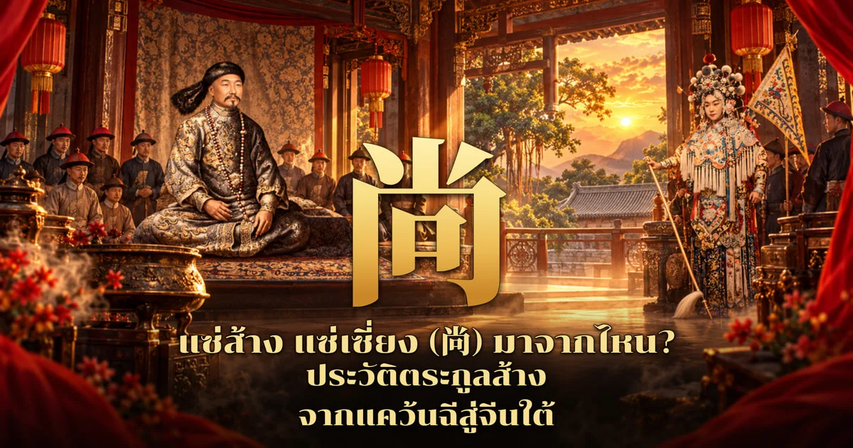 ภาพปกอักษร 尚 สีทองตัวใหญ่ ด้านซ้ายเป็นขุนนางชิงนั่งขัดสมาธิบนแท่น คล้องลูกประคำยาว มีขุนนางสวมหมวกแดงยืนเรียงด้านหลัง ด้านขวาเป็นนักแสดงงิ้วในชุดนางเอกนักรบถือทวนและธงสามเหลี่ยม ฉากพระราชวังโคมแดงยามพระอาทิตย์ตก พร้อมข้อความ แซ่ส้าง แซ่เซี่ยง (尚) มาจากไหน? ประวัติตระกูลส้าง จากแคว้นฉีสู่จีนใต้