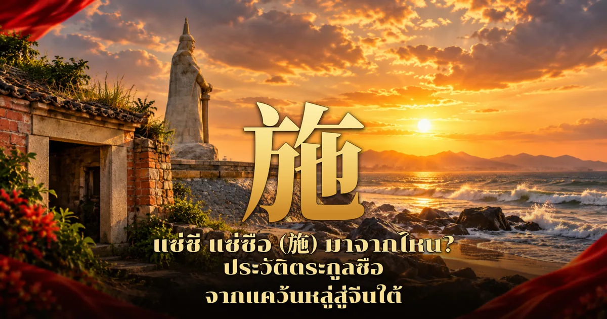 ภาพปกแซ่ซี แซ่ซือ อักษร 施 สีทองตัวใหญ่ ด้านหลังเป็นรูปปั้นหินแม่ทัพบนแนวกำแพงริมทะเล ข้างซ้ายเป็นซุ้มประตูหินและผนังอิฐแดงเก่า ทะเลมีคลื่นและพระอาทิตย์ตก พร้อมข้อความ แซ่ซี แซ่ซือ (施) มาจากไหน? ประวัติตระกูลซือ จากแคว้นหลู่สู่จีนใต้