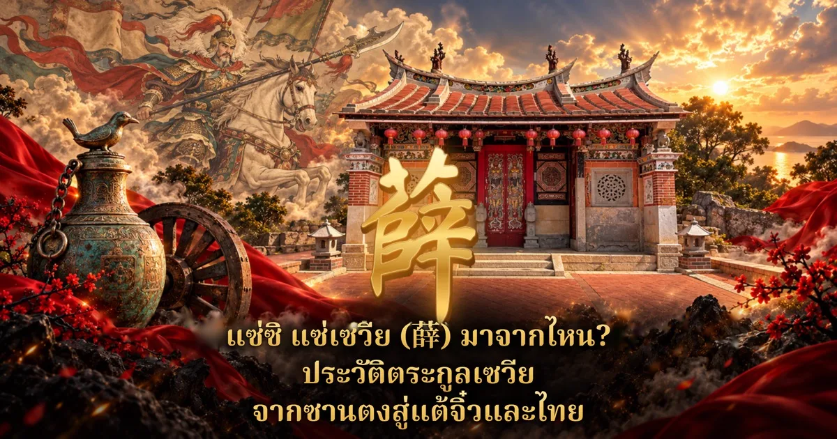 ภาพปกแซ่ซิ มีอักษรทอง 薛 ตัวใหญ่กลางภาพ ด้านซ้ายบนเป็นภาพวาดขุนพลขี่ม้าขาวถือทวนและธงสีแดง ด้านซ้ายล่างเป็นภาชนะสำริดโบราณมีโซ่และฝารูปนกกับล้อรถม้าไม้ ด้านหลังเป็นศาลบรรพชนจีนหลังคากระเบื้องแดงประดับโคมแดงเรียงแถว พระอาทิตย์ตกริมทะเล ข้อความไทยว่า แซ่ซิ แซ่เซวีย (薛) มาจากไหน? ประวัติตระกูลเซวีย จากซานตงสู่แต้จิ๋วและไทย
