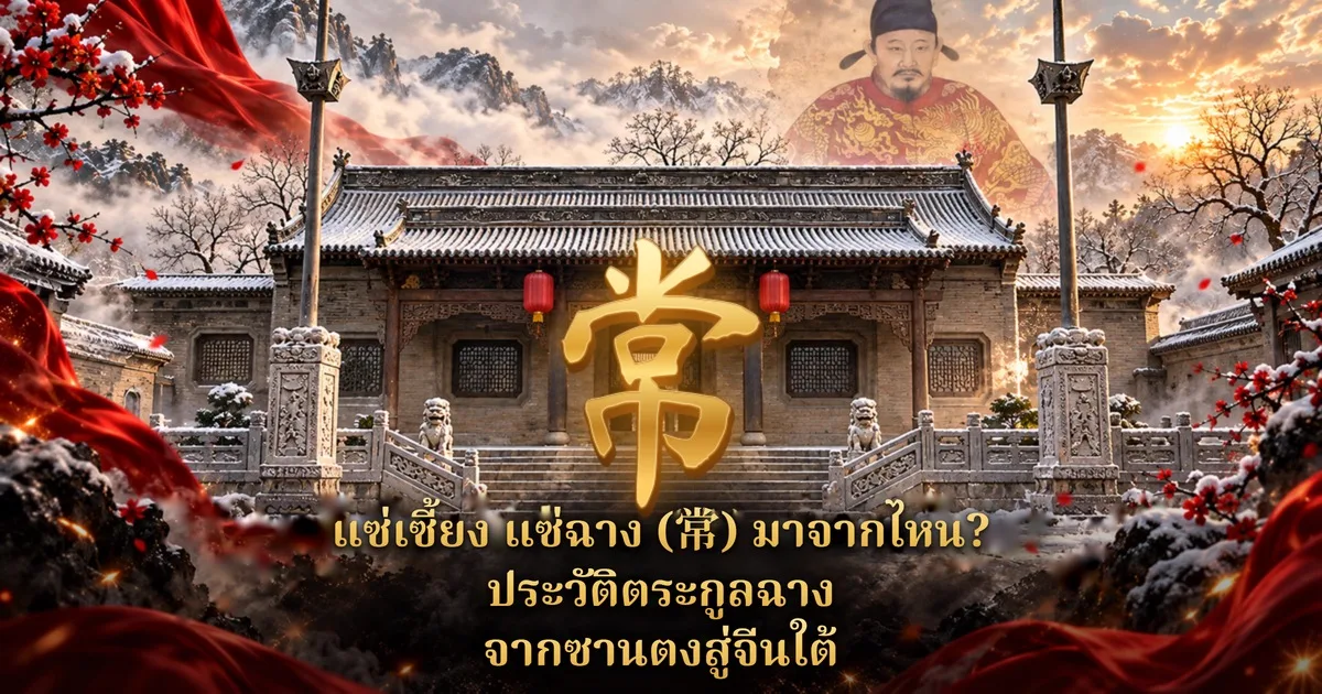 ศาลบรรพชนจีนหลังคากระเบื้องในฤดูหิมะ มีโคมแดงคู่ เสาธงคู่และสิงโตหินหน้าบันได ด้านบนเป็นภาพชายสวมชุดขุนนางสีแดงปักลายมังกรบนท้องฟ้า กิ่งเหมยแดงและผ้าแพรแดงขนาบสองข้าง อักษรทอง 常 กลางภาพ และข้อความ แซ่เซี้ยง แซ่ฉาง (常) มาจากไหน? ประวัติตระกูลฉาง จากซานตงสู่จีนใต้