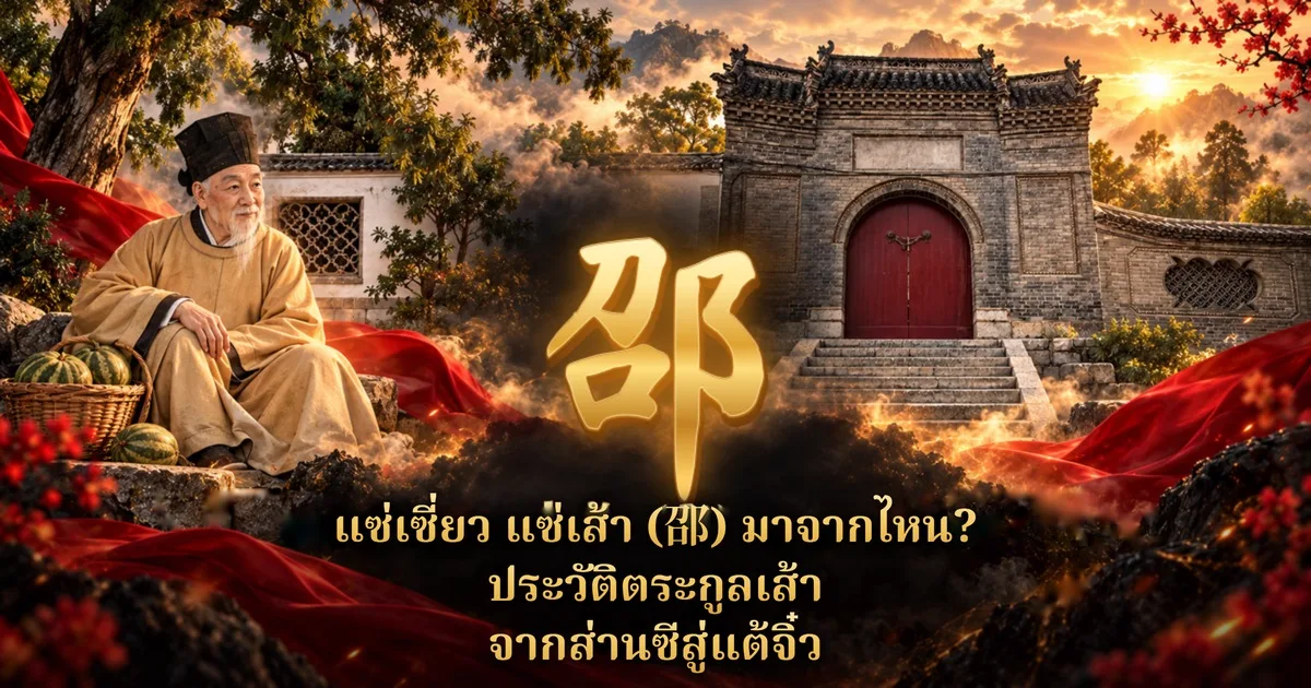 ชายชราในชุดคลุมสีน้ำตาลทองนั่งข้างตะกร้าแตงบนก้อนหิน ฉากหลังเป็นประตูไม้สีแดงของอาคารอิฐโบราณกับแสงอาทิตย์ยามเย็น อักษรทอง 邵 ตัวใหญ่ และข้อความ แซ่เซี่ยว แซ่เส้า (邵) มาจากไหน? ประวัติตระกูลเส้า จากส่านซีสู่แต้จิ๋ว