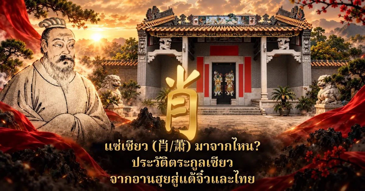 ภาพปกแซ่เซียว อักษรทอง 肖 กลางภาพ ด้านซ้ายเป็นภาพวาดชายสูงวัยเคราดกแบบภาพพิมพ์โบราณ ด้านหลังเป็นศาลบรรพชนจีนหลังคากระเบื้องส้มมีสิงโตหินสองข้าง ข้อความไทยว่า แซ่เซียว (肖/萧) มาจากไหน? ประวัติตระกูลเซียว จากอานฮุยสู่แต้จิ๋วและไทย