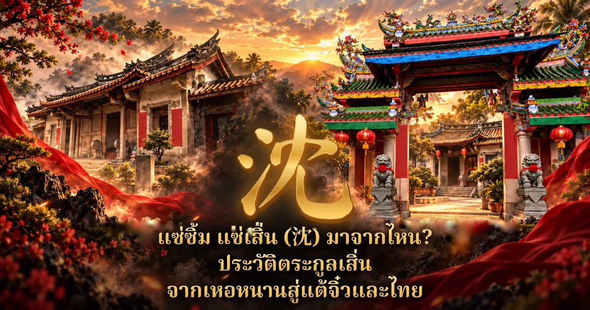 ภาพปกแซ่ซิ้ม อักษร 沈 สีทองกลางภาพ ด้านหลังเป็นอาคารศาลบรรพชนแบบจีนทางซ้าย และประตูศาลเจ้าจีนสีสดมีสิงโตหินกับโคมแดงทางขวา พร้อมข้อความ แซ่ซิ้ม แซ่เสิ่น (沈) มาจากไหน? ประวัติตระกูลเสิ่น จากเหอหนานสู่แต้จิ๋วและไทย
