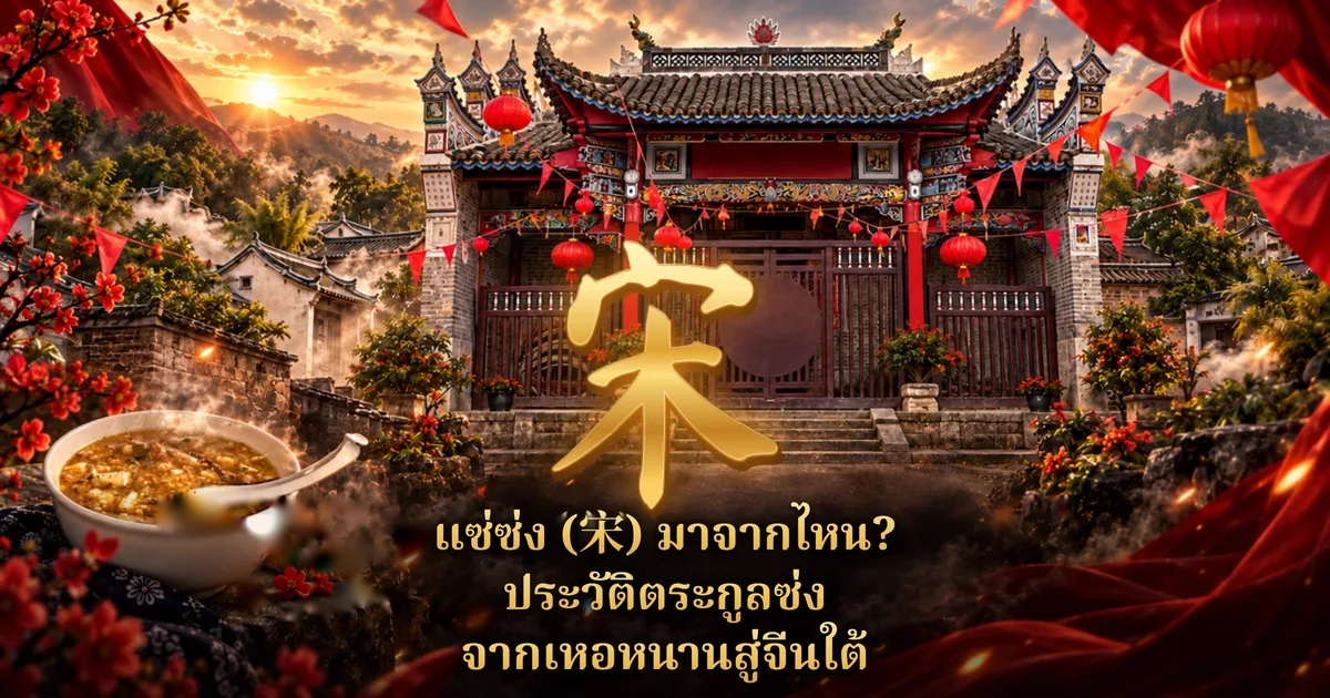 ศาลบรรพชนจีนสีแดงประดับโคมและธงสามเหลี่ยม อักษรทอง 宋 ตัวใหญ่กลางภาพ ถ้วยซุปด้านซ้าย และข้อความ แซ่ซ่ง (宋) มาจากไหน? ประวัติตระกูลซ่ง จากเหอหนานสู่จีนใต้