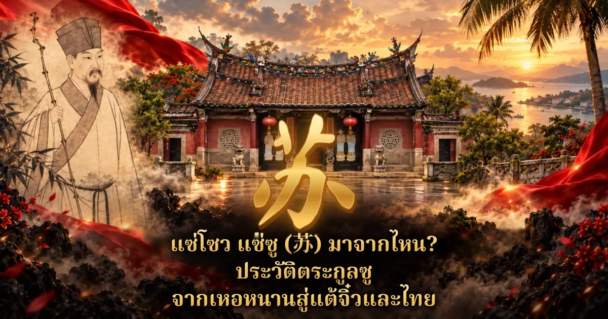 ภาพปกแซ่โซว แซ่ซู 苏: อักษรจีน 苏 ลายพู่กันสีทองกลางภาพ ด้านหลังเป็นศาลบรรพชนจีนหลังคากระเบื้องสีส้ม มีโคมแดงและสิงโตหินหน้าประตู ริมทะเลยามอาทิตย์ตก ด้านซ้ายเป็นภาพวาดลายเส้นนักปราชญ์สวมหมวกทรงสูงถือไม้เท้าไผ่ มีผ้าแดงและดอกไม้สีแดงโอบภาพ พร้อมหัวเรื่องภาษาไทย แซ่โซว แซ่ซู (苏) มาจากไหน? ประวัติตระกูลซู จากเหอหนานสู่แต้จิ๋วและไทย